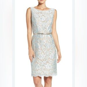 Women’s size 8 Ellen Tracy nude light aqua blue lace overlay dress sequence READ